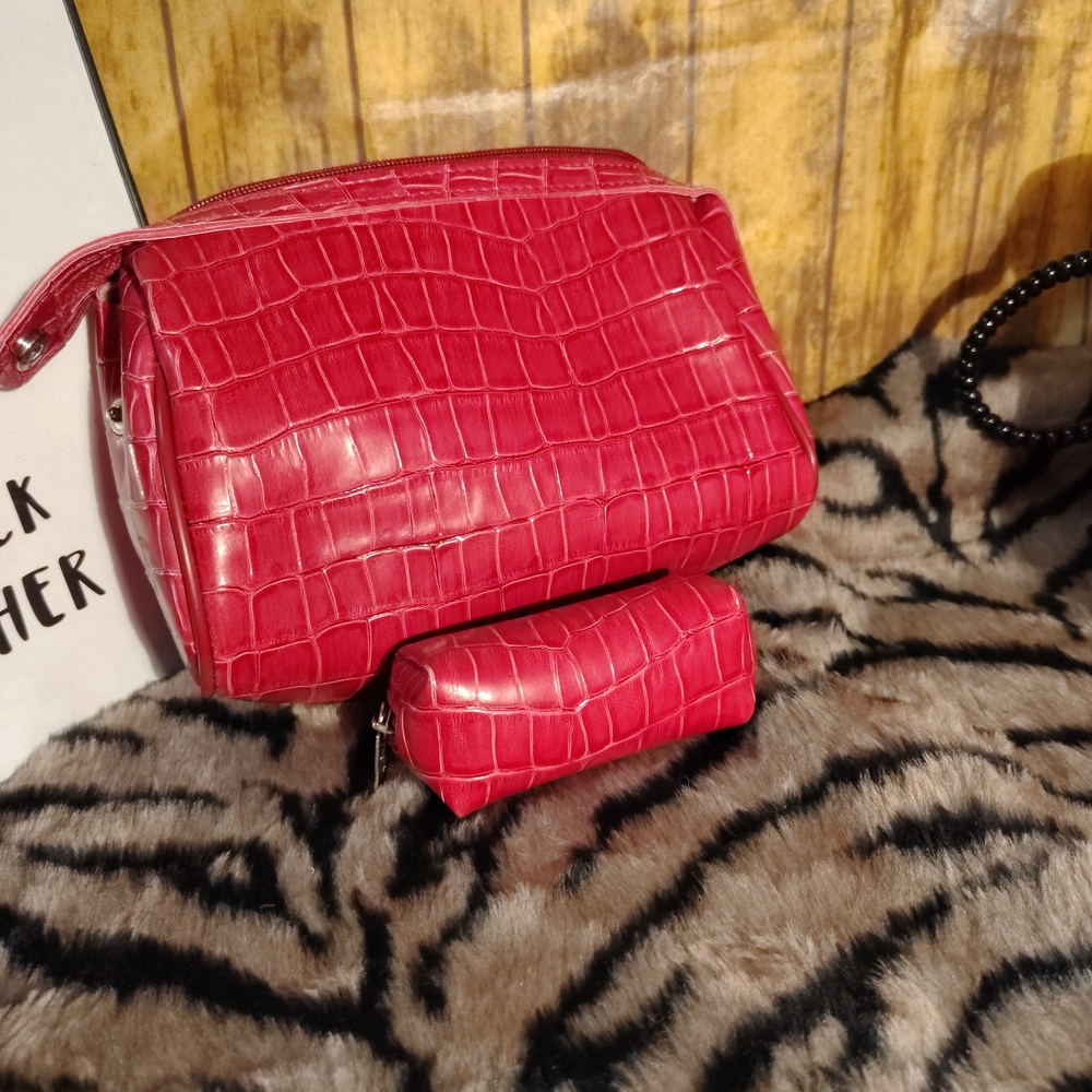 Lancome Red Crocodile-Embossed Cosmetic Bag Set